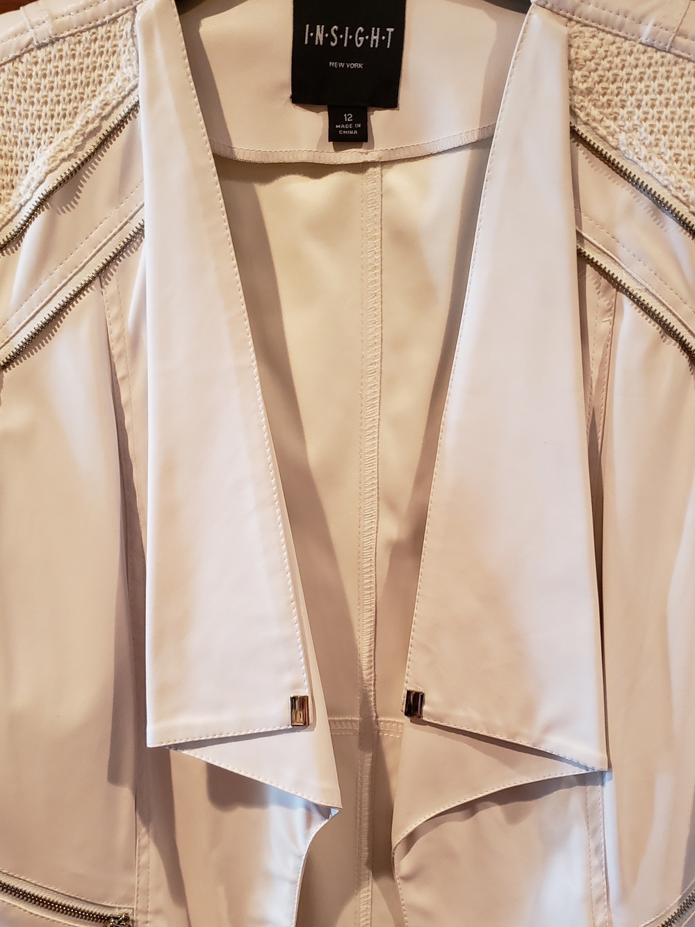 Insight NEW Long Jacket White Vegan Leather Knit Sleeves Women's 12 - Picture 6 of 16